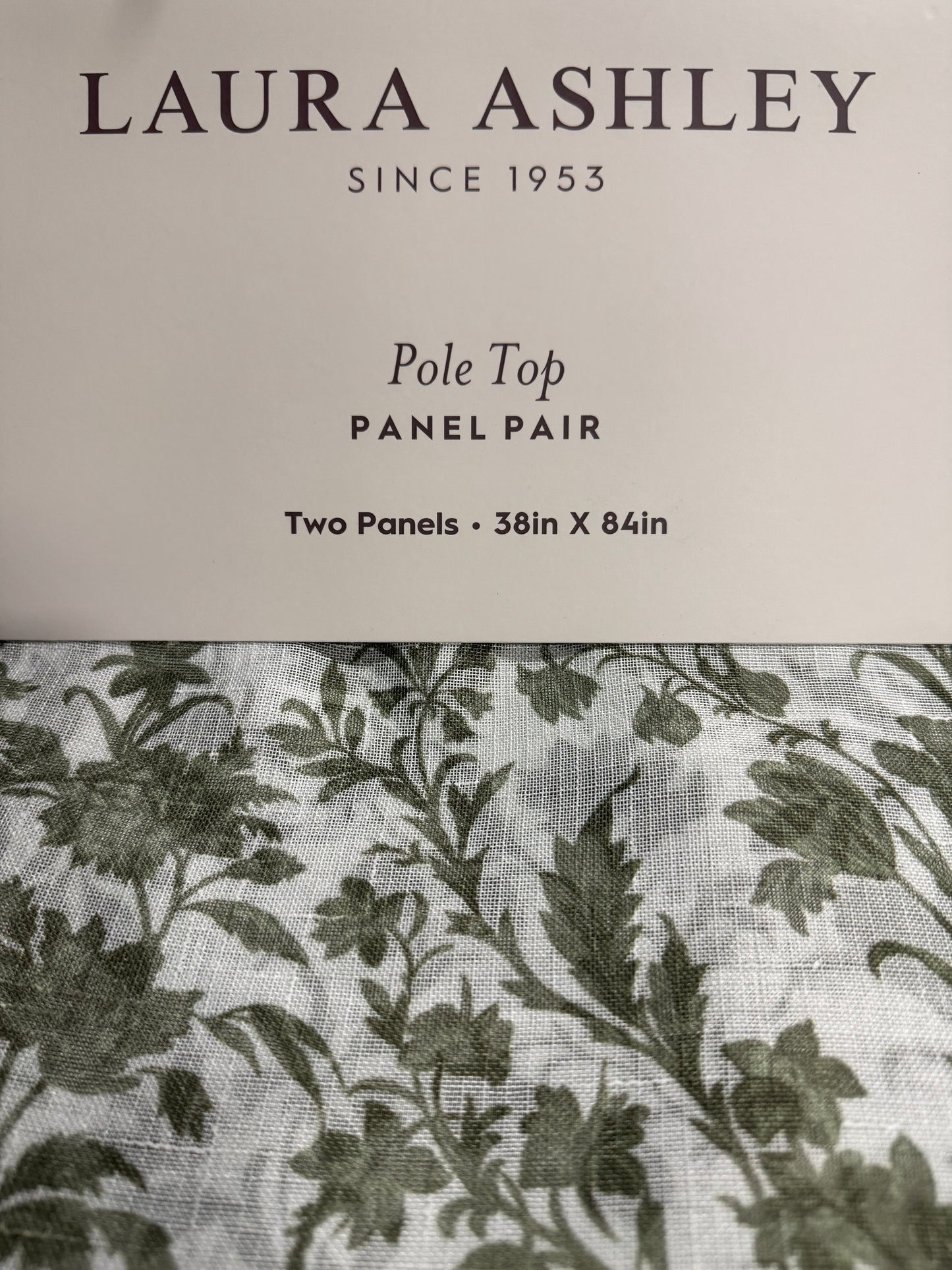 Set of 2 green floral sheer curtain panels by Laura Ashley, 38x84 with rod pocket
