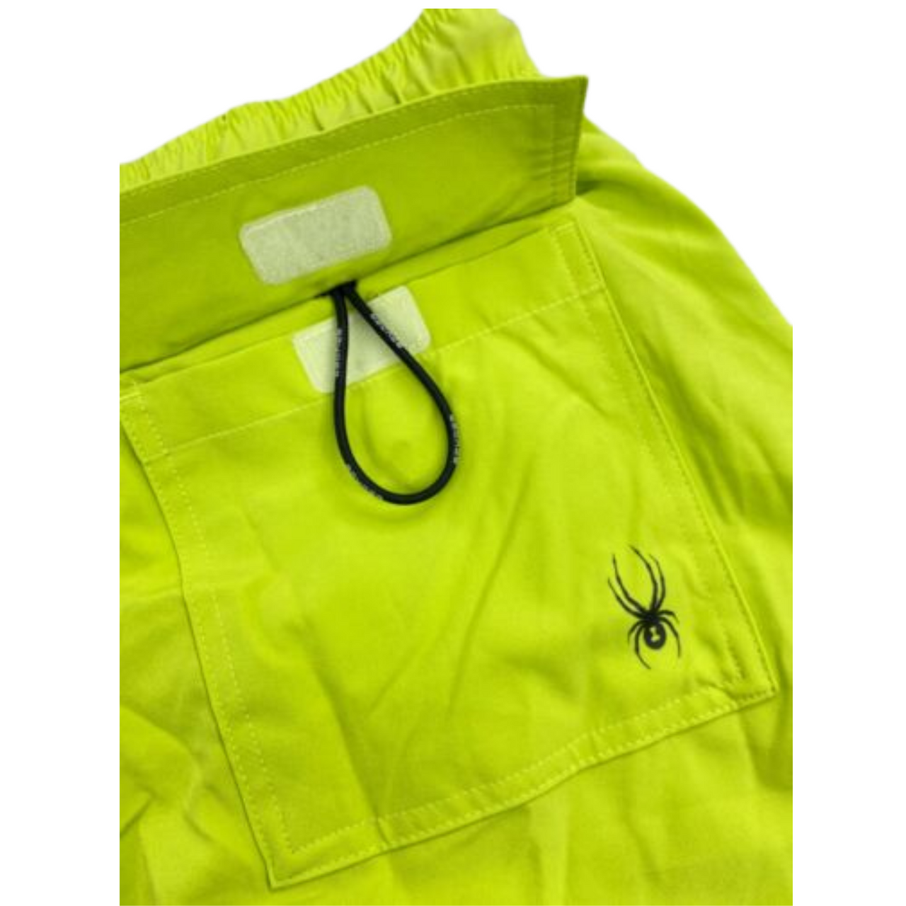 Lime green men’s swim trunks with black Spyder logo, elastic waistband, and built-in brief