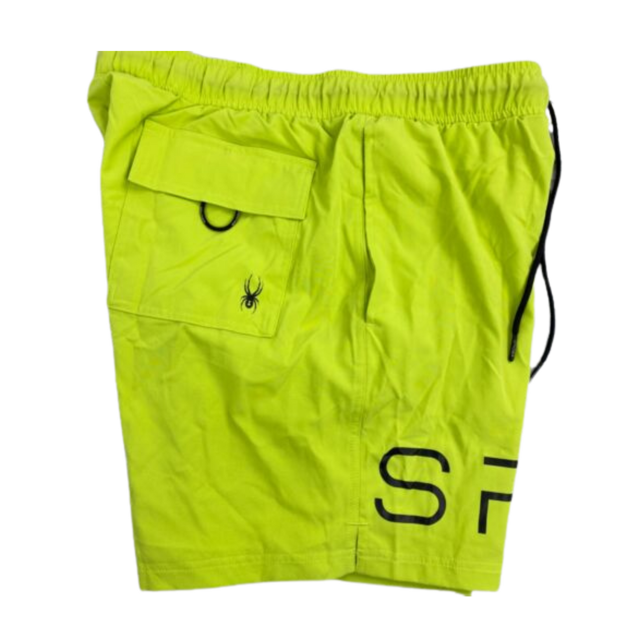 Lime green men’s swim trunks with black Spyder logo, elastic waistband, and built-in brief