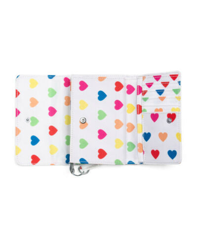 Kipling Pixi AC3739 Medium Organizer Wallet in Wild Hearts White, nylon material, with 8 card slots, bill pocket, zip divider, back slip pocket, and detachable monkey keychain, approx. 7.5" × 4.25" × 1.25".