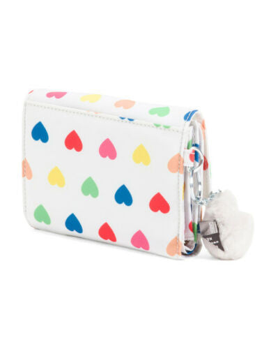 Kipling Pixi AC3739 Medium Organizer Wallet in Wild Hearts White, nylon material, with 8 card slots, bill pocket, zip divider, back slip pocket, and detachable monkey keychain, approx. 7.5" × 4.25" × 1.25".
