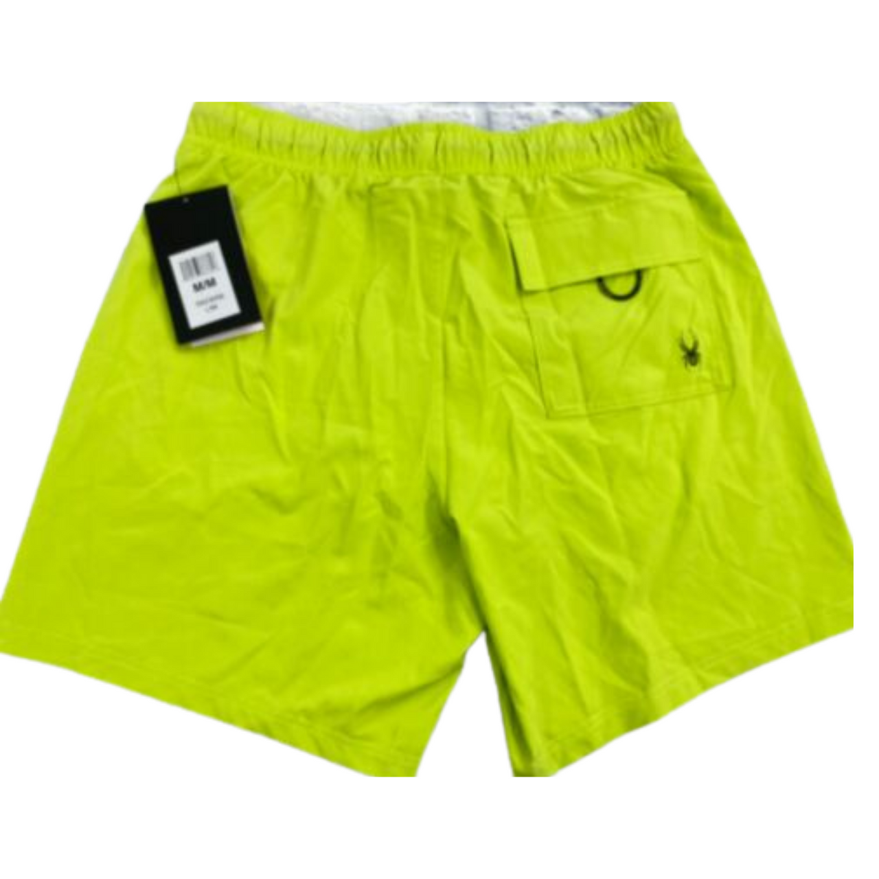 Lime green men’s swim trunks with black Spyder logo, elastic waistband, and built-in brief