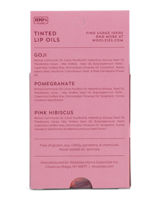 Set of three tinted lip oils in assorted colors and flavors