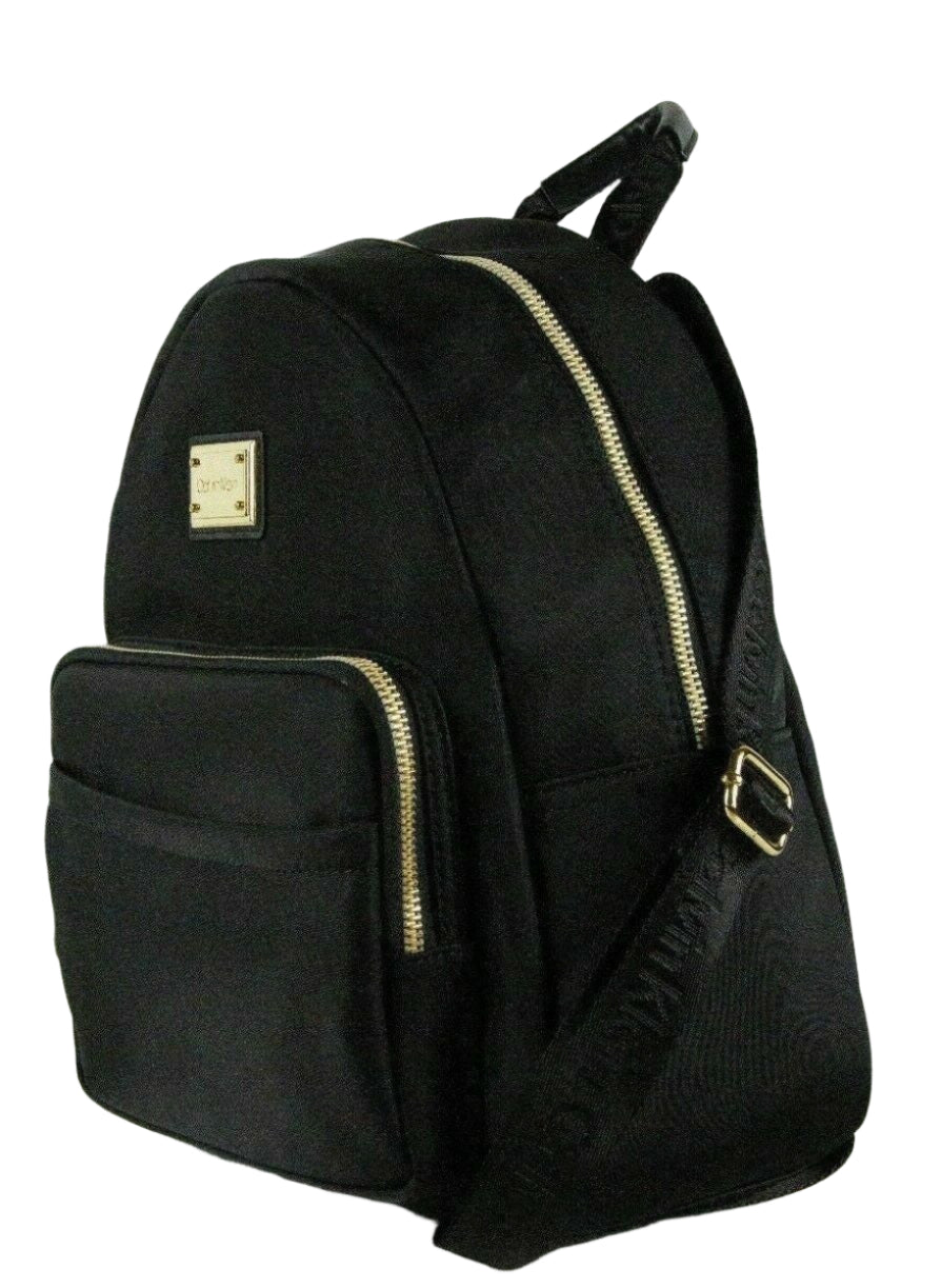 Calvin Klein black nylon backpack with gold logo patch and hardware