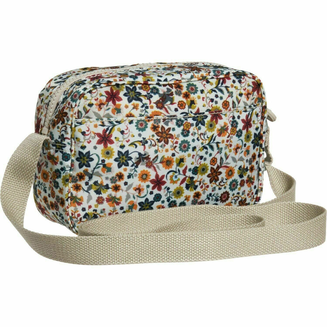 Kipling Daphne crossbody bag in Chatty Daisies print, 5.5″ × 8″ nylon handbag with adjustable strap, zip closure, and gorilla keychain.
