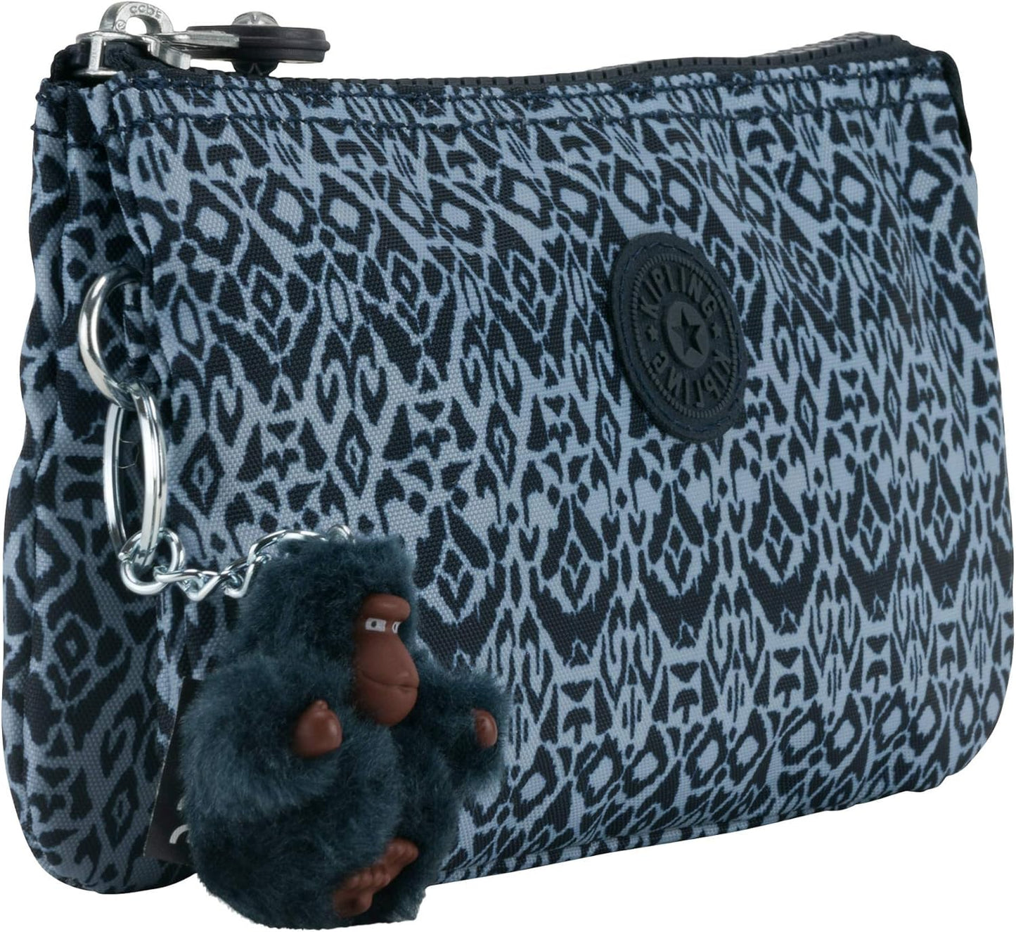 Kipling Creativity Pouch in Geometric Bliss print with triple zip compartments, compact 7″ × 4.25″ × 1″ size, perfect for travel and everyday organization.