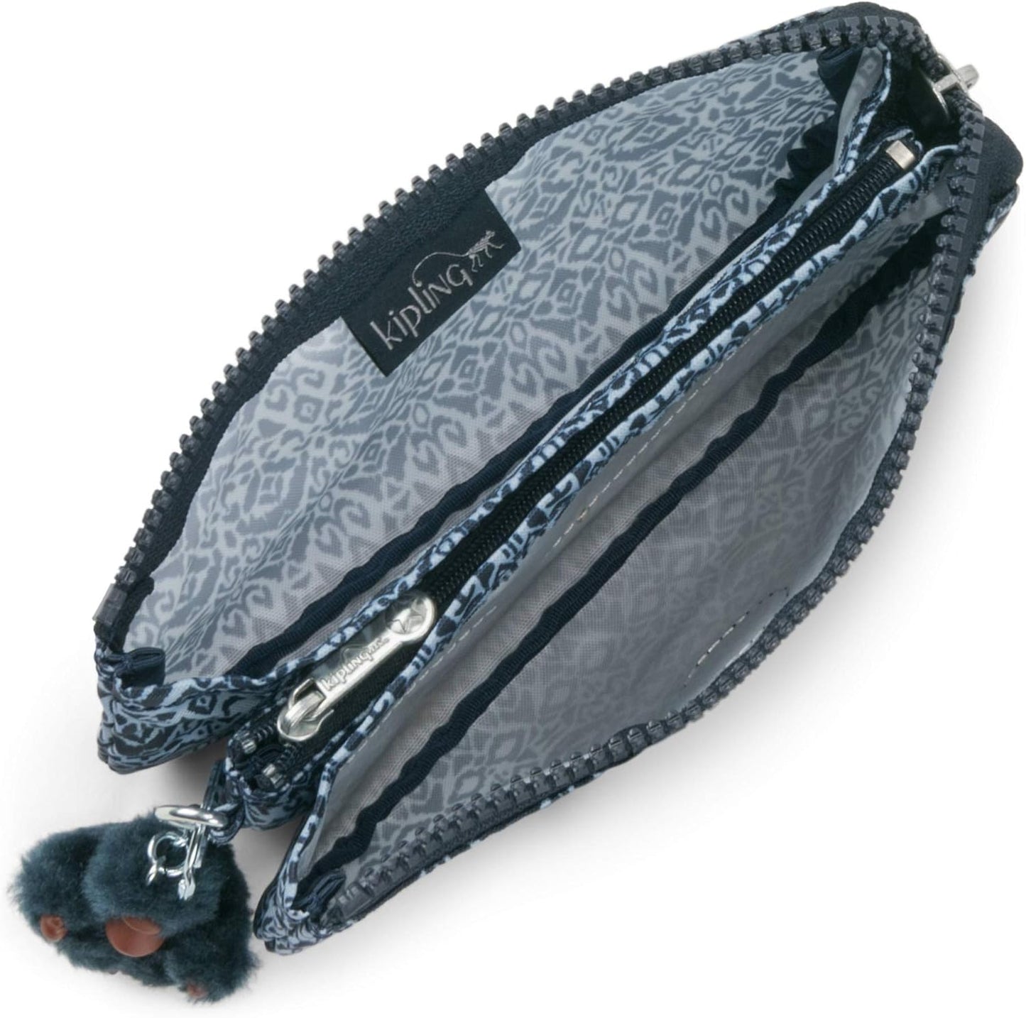 Kipling Creativity Pouch in Geometric Bliss print with triple zip compartments, compact 7″ × 4.25″ × 1″ size, perfect for travel and everyday organization.