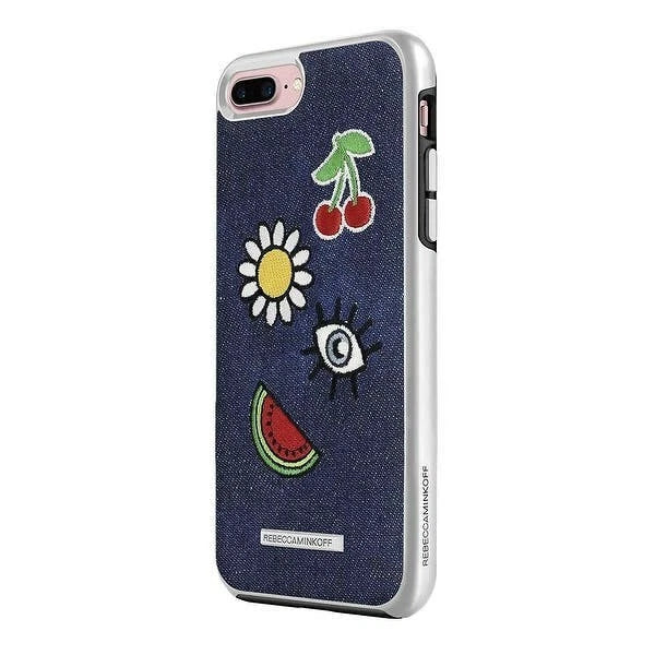iPhone 7 denim phone case with embroidered watermelon, daisy, cherries, and eye design in original Luxe Double Up packaging.