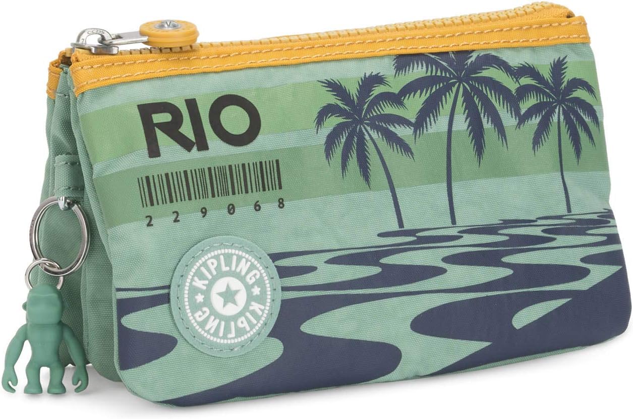 Kipling Creativity Pouch in Rio Palm print with bright yellow trim, triple zip compartments, compact 7.25″ × 4.25″ × 0.5″ size, perfect for travel and everyday use.