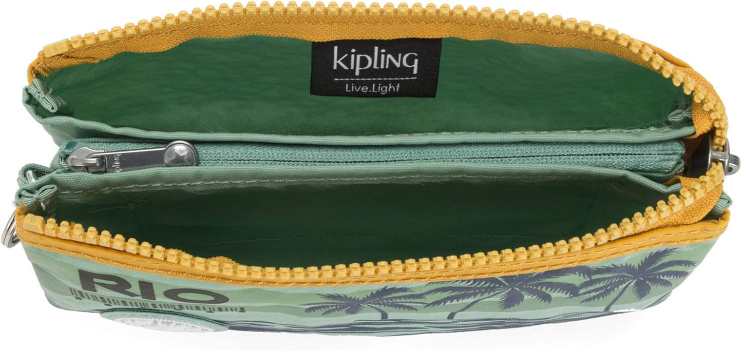 Kipling Creativity Pouch in Rio Palm print with bright yellow trim, triple zip compartments, compact 7.25″ × 4.25″ × 0.5″ size, perfect for travel and everyday use.