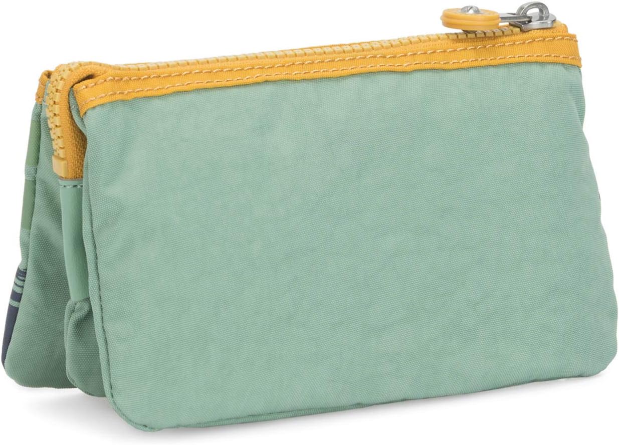 Kipling Creativity Pouch in Rio Palm print with bright yellow trim, triple zip compartments, compact 7.25″ × 4.25″ × 0.5″ size, perfect for travel and everyday use.
