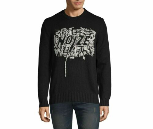 Black men’s wool-blend pullover sweater with bold Noize embroidered graphic on front, size medium