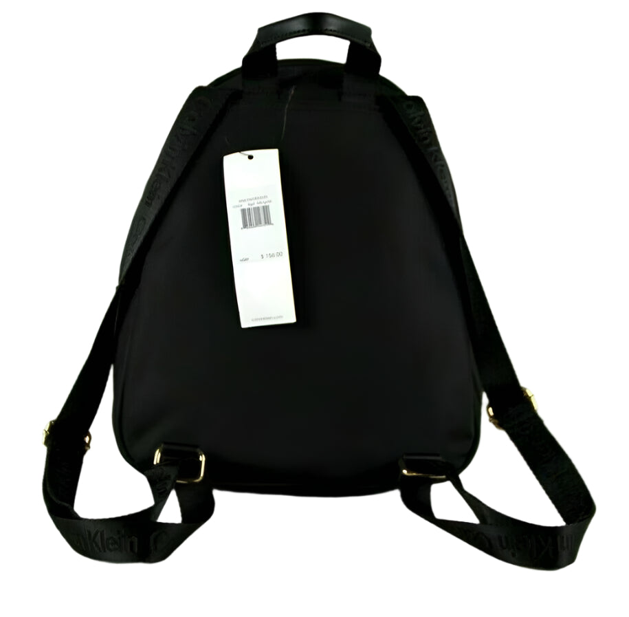 Calvin Klein black nylon backpack with gold logo patch and hardware