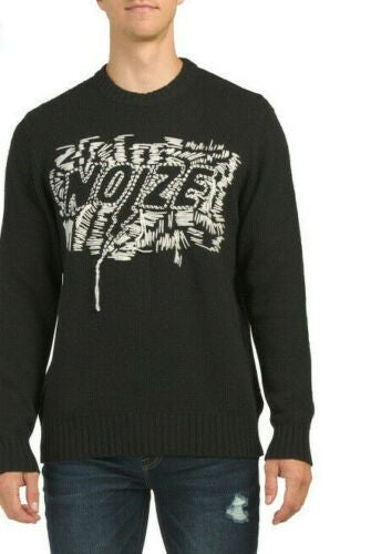 Black men’s wool-blend pullover sweater with bold Noize embroidered graphic on front, size medium