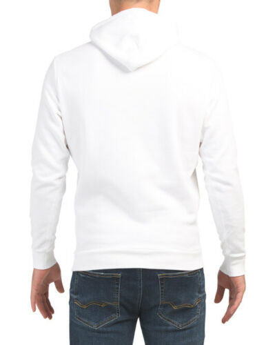 Men’s white hoodie with black Diesel logo graphic on front, kangaroo pocket, and drawstring hood – size L