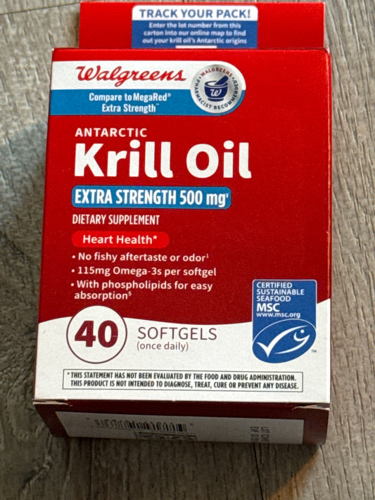 Walgreens Antarctic Krill Oil Ex Strength 500 mg, 40 Softgels Heart Health Small exp 02/2026