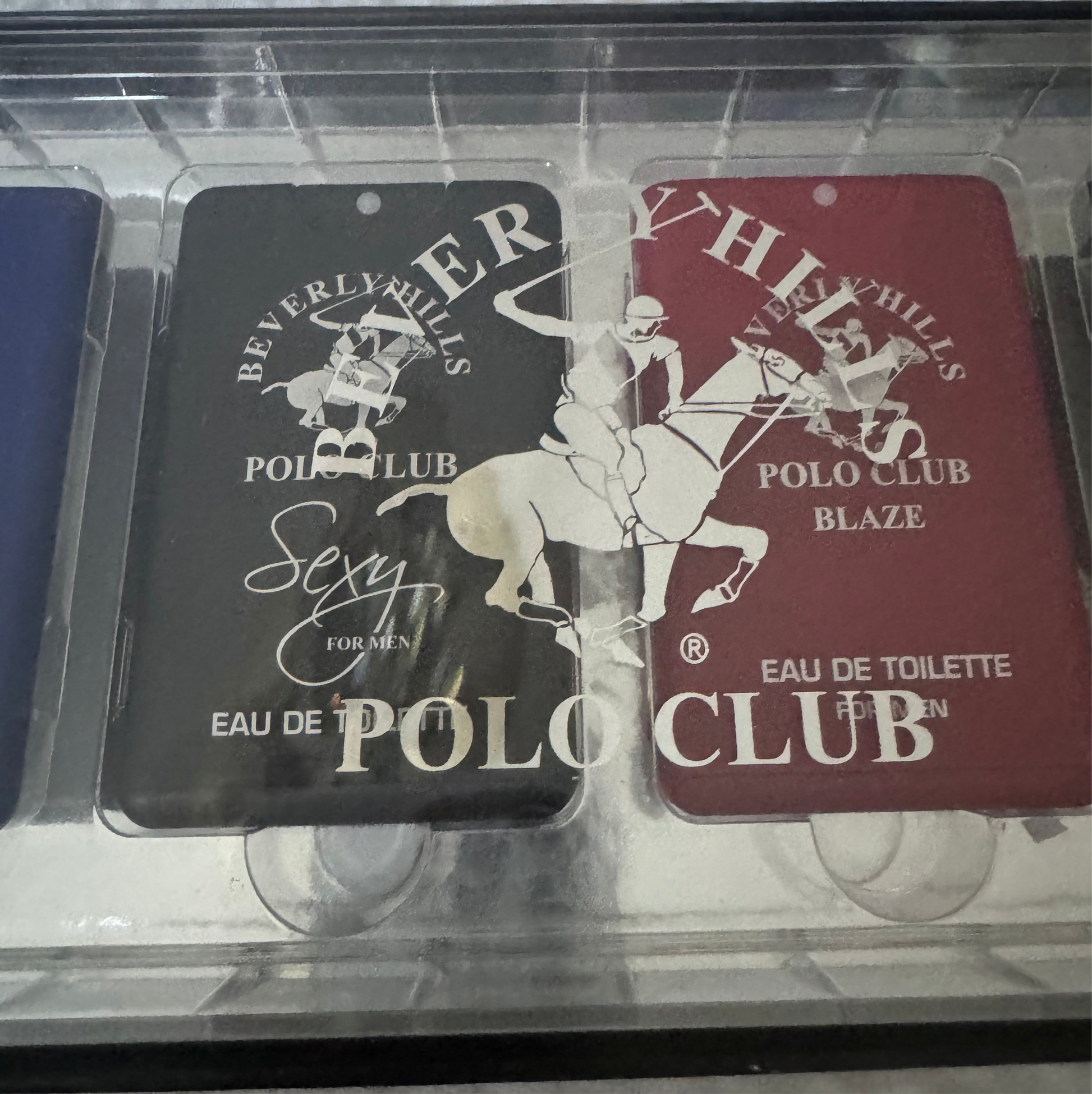 Beverly Hills Polo Club 4-piece men’s eau de toilette gift set with Blue, Sexy, Blaze, and Classic scents in rectangular tins