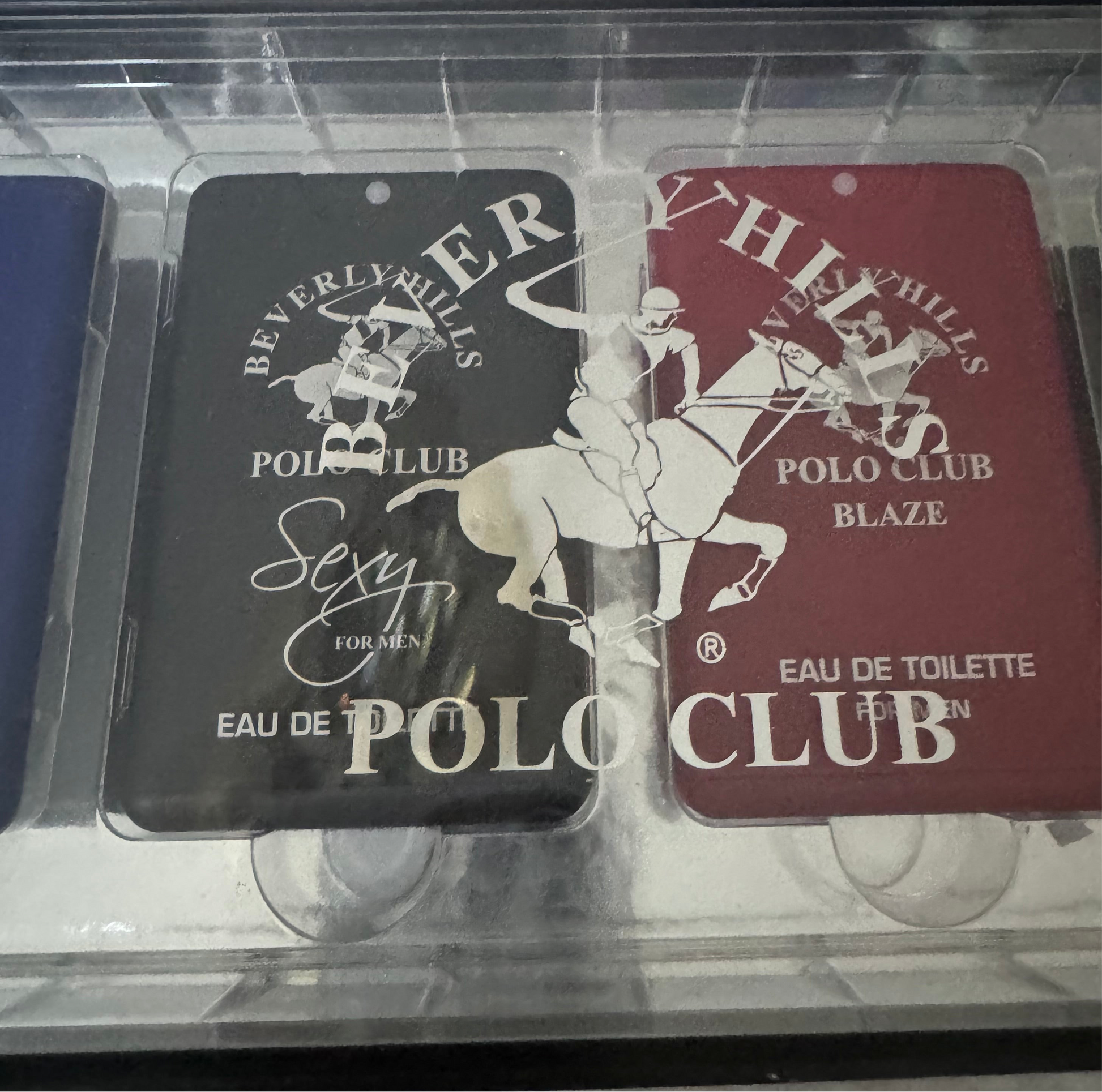 Beverly Hills Polo Club 4-piece men’s eau de toilette gift set with Blue, Sexy, Blaze, and Classic scents in rectangular tins