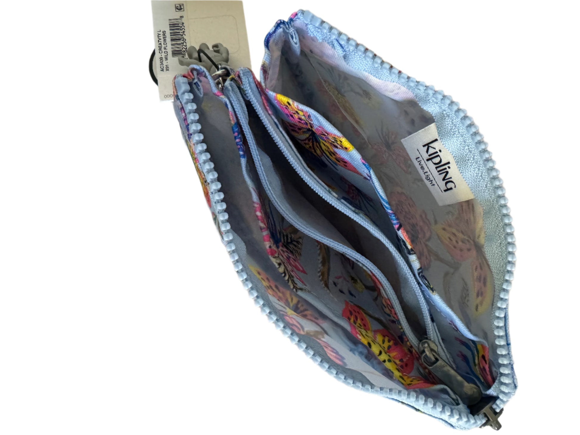 Kipling Wild Flowers Creativity Large Pouch with floral print, triple compartments, and zip closure, ideal for cosmetics and travel organization.
