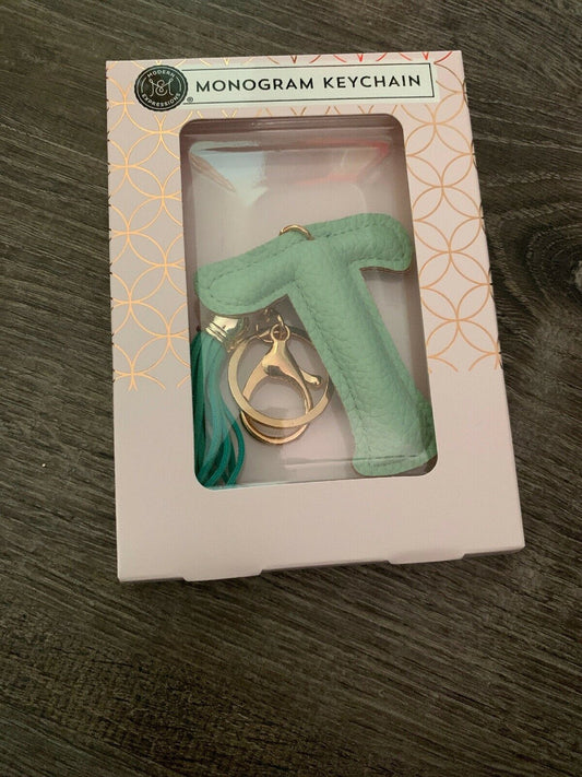 "T" Monogram Keychain with Tassel by Modern Expressions GREEN