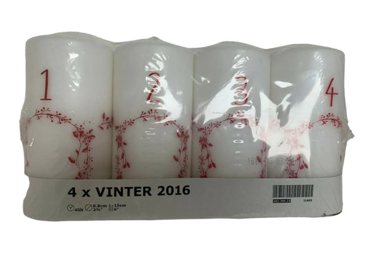 IKEA Vinter 2016 Advent candle set with 4 white unscented block candles numbered 1 to 4 in red print, new in package.