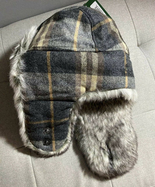 WOOLRICH WOOL BOMBER AVIATOR TRAPPER HAT MEDIUM grey tan red PLAID