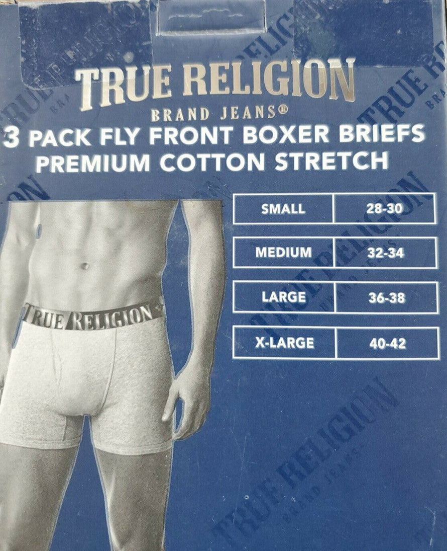 TRUE RELIGION Men Premium Cotton Stretch Boxer Briefs – 3-Pack, Size Small