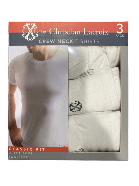 Christian Lacroix men's 3-pack white crew neck T-shirts in classic fit, size L, shown with retail packaging and sizing label.