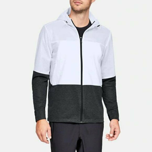Men’s UA Hybrid windbreaker jacket in black and white, size XL, with hood and zip front