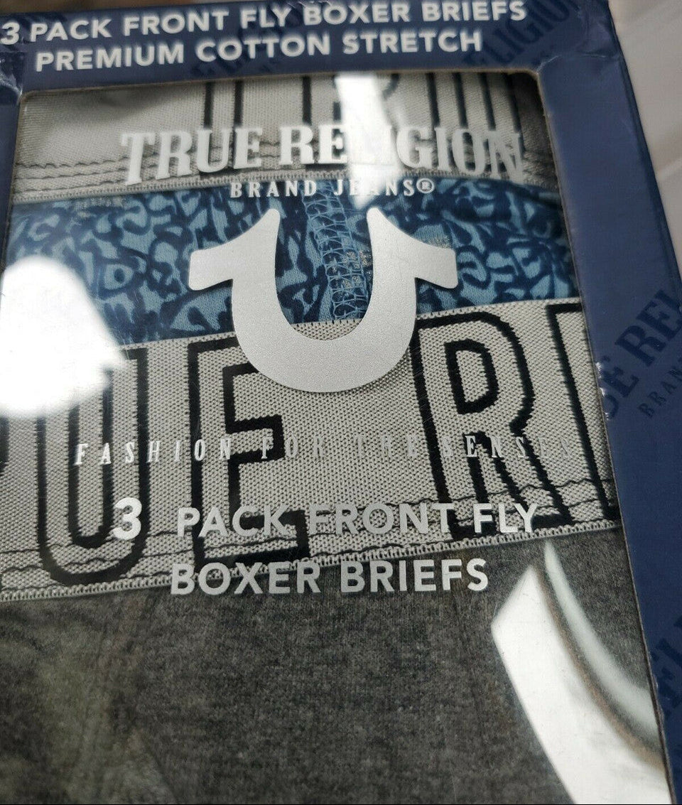 TRUE RELIGION Men Premium Cotton Stretch Boxer Briefs – 3-Pack, Size Small