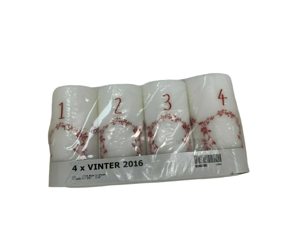 IKEA Vinter 2016 Advent candle set with 4 white unscented block candles numbered 1 to 4 in red print, new in package.