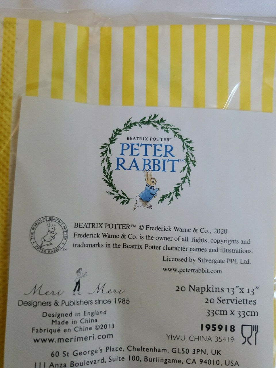 Peter Rabbit Beatrix Potter Napkins (20) Yellow Scallop Edges 13" x 13"