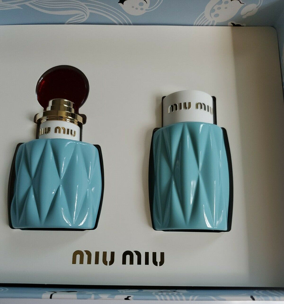 Miu Miu perfume and body lotion gift set with quilted turquoise bottle design and red packaging
