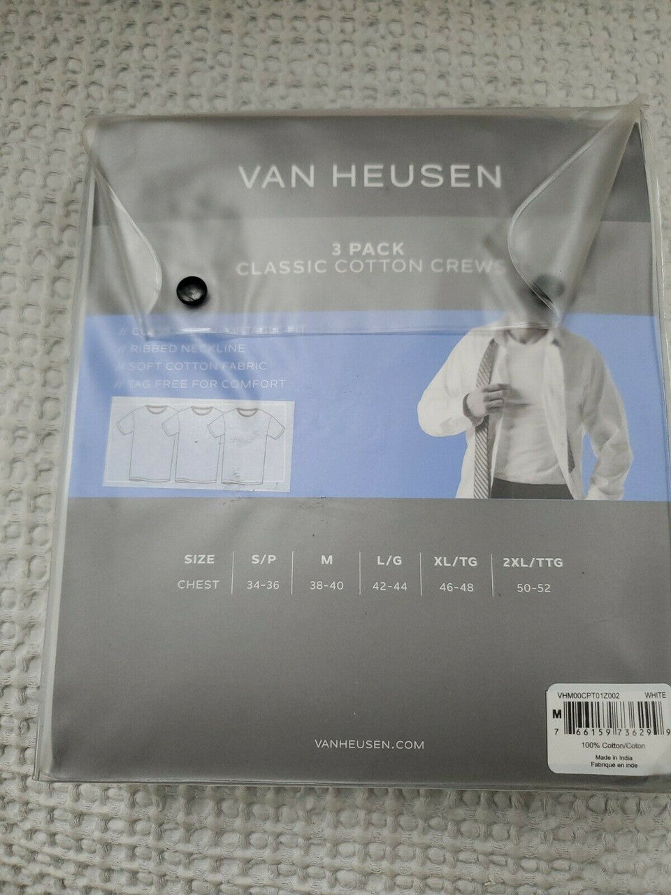 Van Heusen Classic Cotton Men's Ribbed Neck Tees White Size Medium  3 Pack