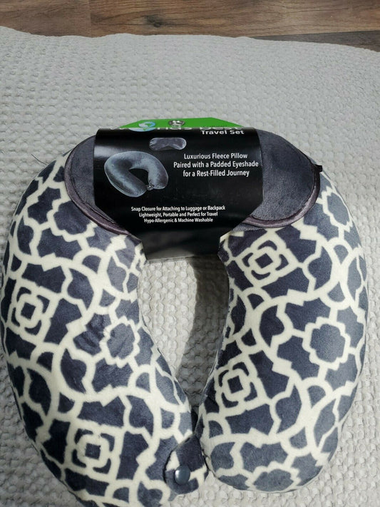 World's Best Travel Neck Pillow Microfiber Cover Gray and Padded Eyeshade