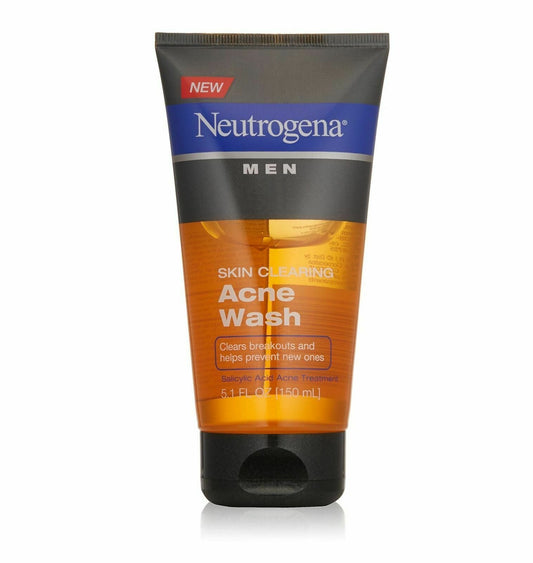Neutrogena Men Skin Clearing Acne Wash in a 5.1 oz orange and black tube, acne treatment cleanser with salicylic acid.
