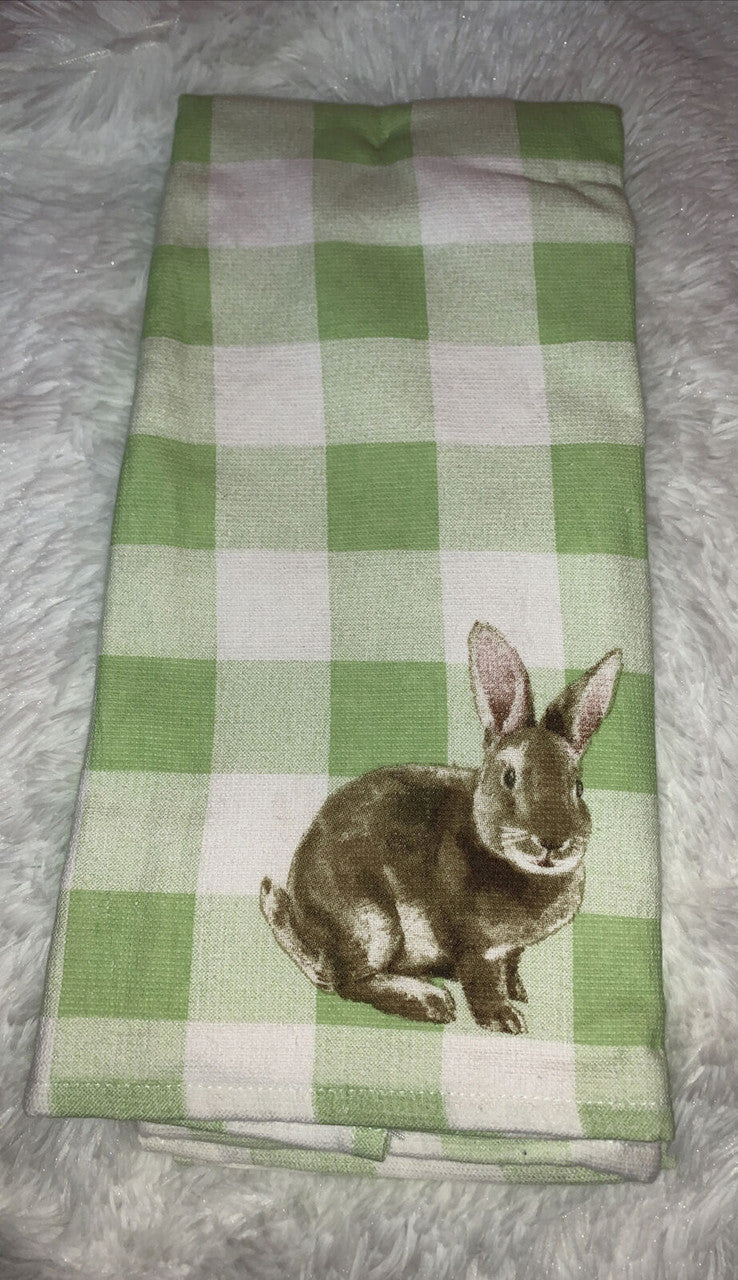 (2) Well Dressed Home Bunny Rabbit Green Gingham Kitchen Dish Towel Farmhouse