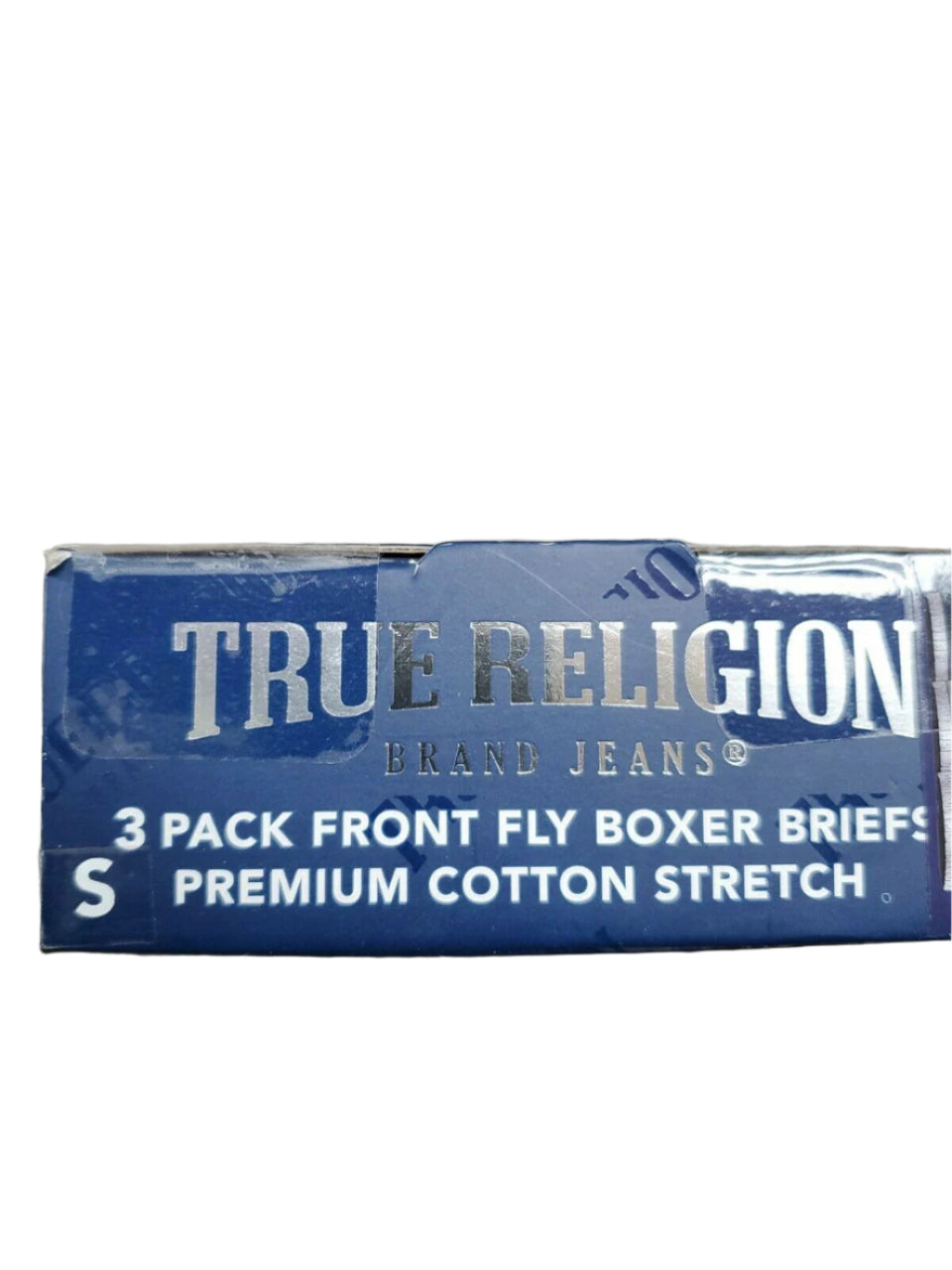 TRUE RELIGION 3-pack men's boxer briefs in premium cotton stretch, shown in branded retail packaging.