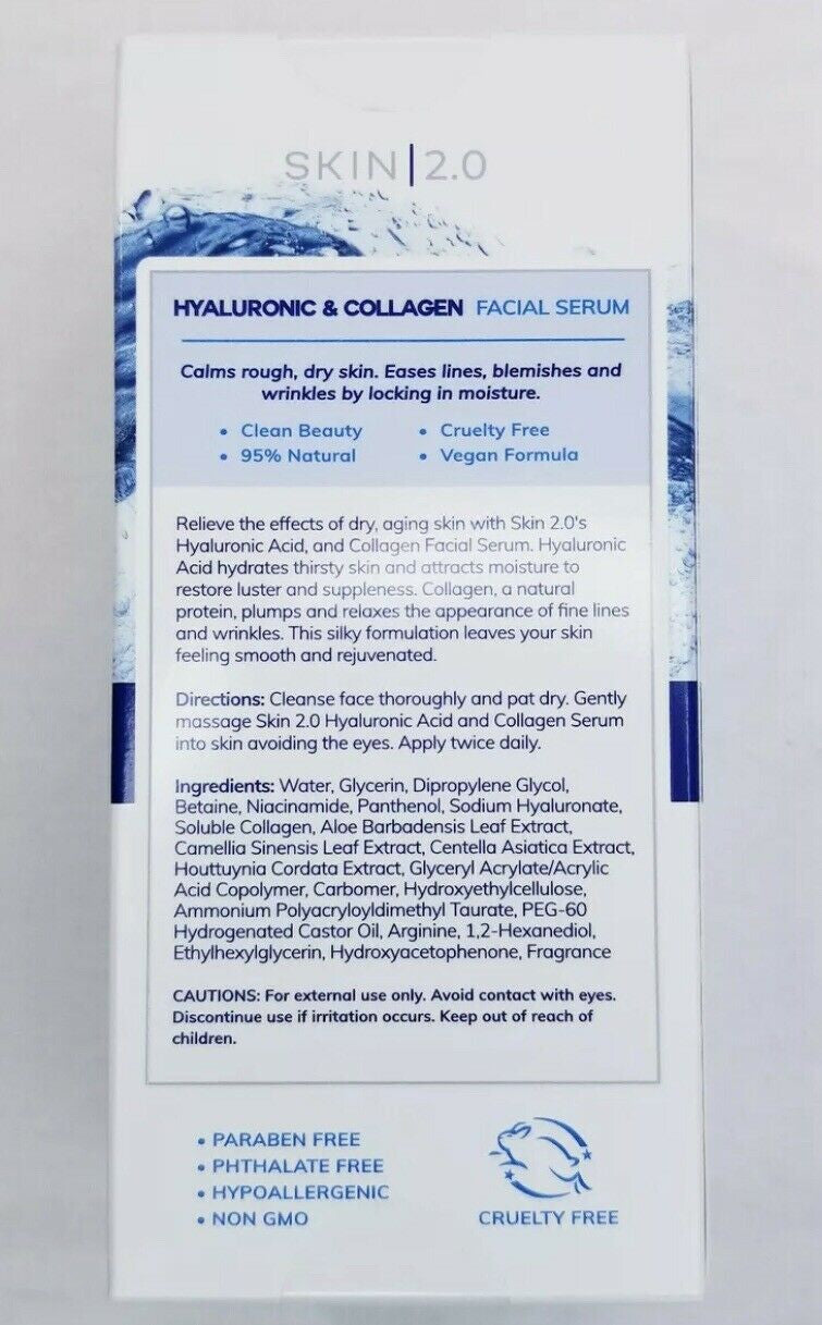 Skin 2.0 Hyaluronic & Collagen Facial Serum Boosts Skin Hydration 1.69 fl oz