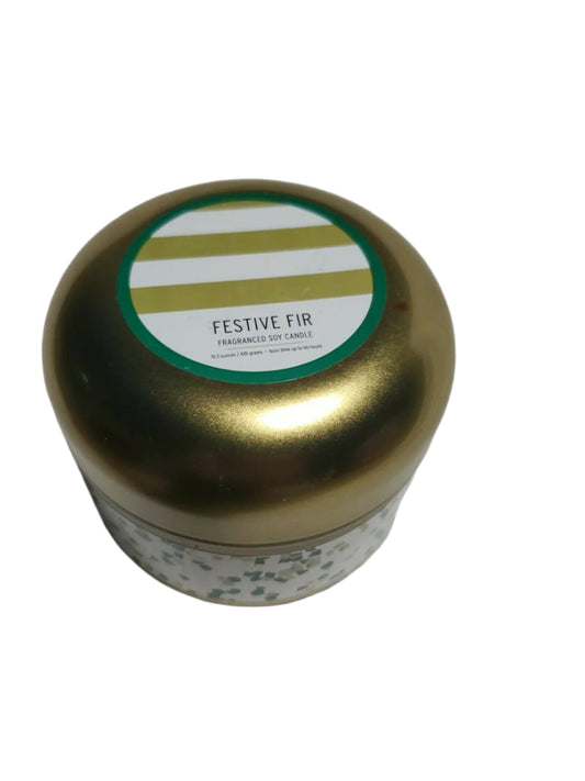 15.3 oz Festive Fir candle in decorative holiday jar with gold lid, featuring two wicks and pine scent.