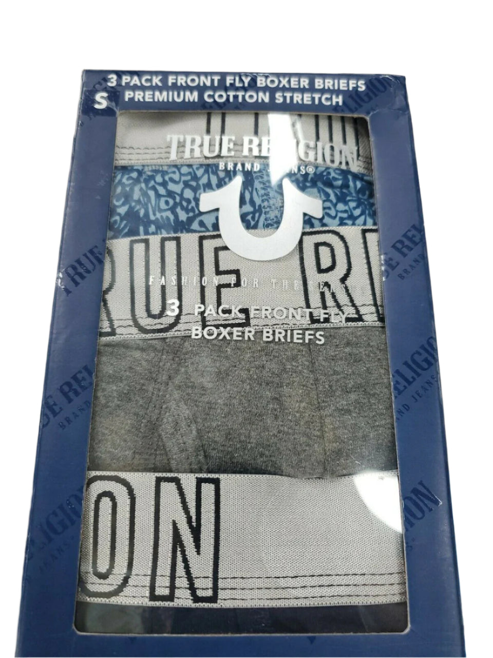 TRUE RELIGION 3-pack men's boxer briefs in premium cotton stretch, shown in branded retail packaging.