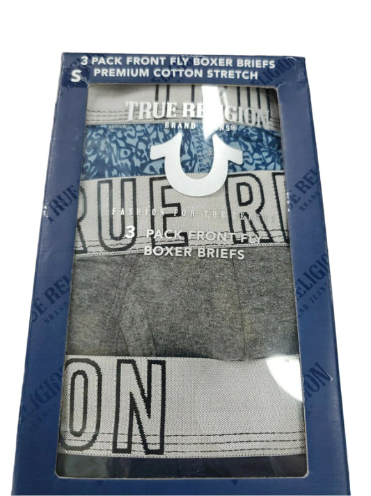 TRUE RELIGION 3-pack men's boxer briefs in premium cotton stretch, shown in branded retail packaging.
