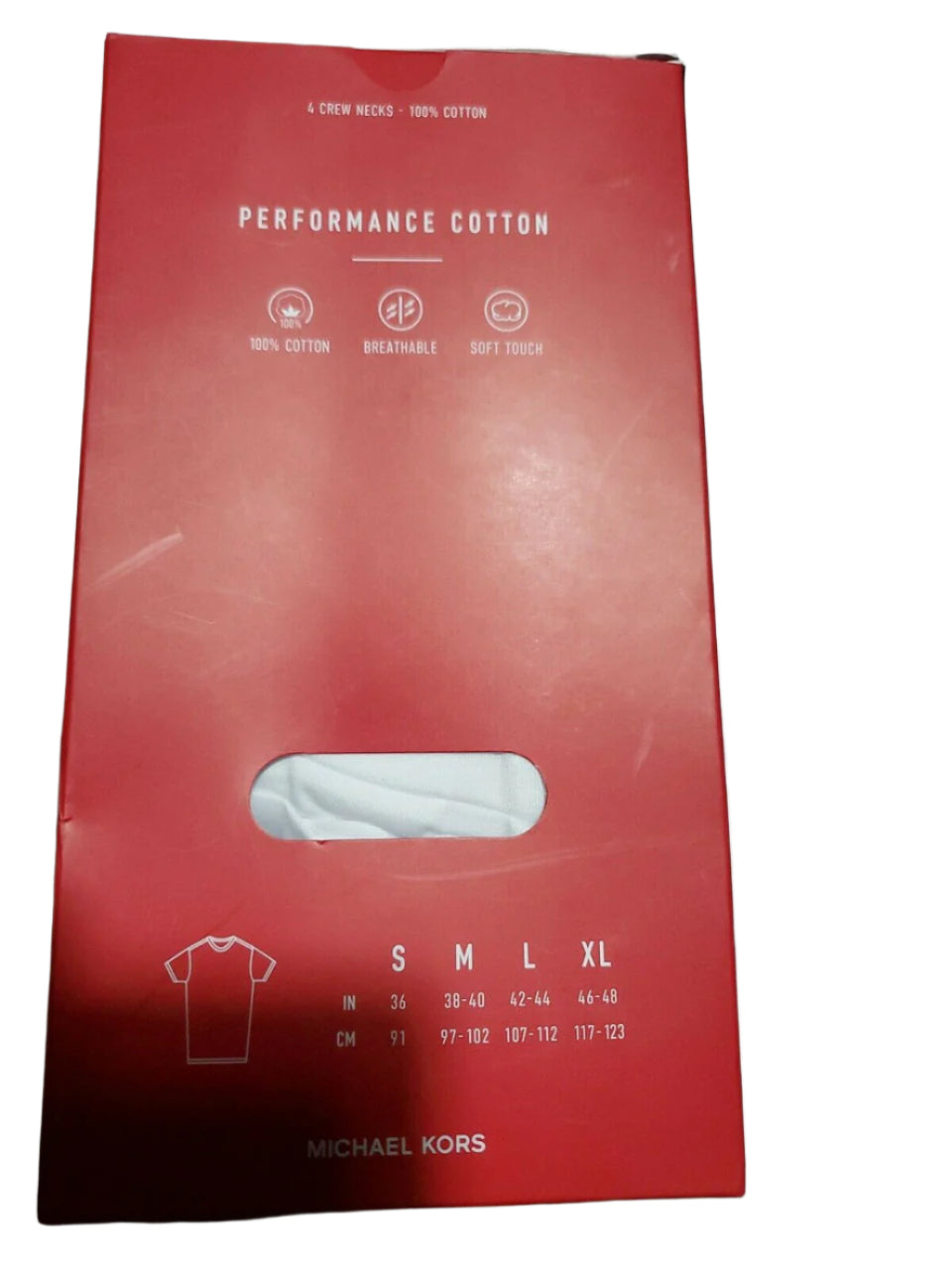 Michael Kors men's 4-pack white cotton crew neck undershirts in red and white packaging, size Large.