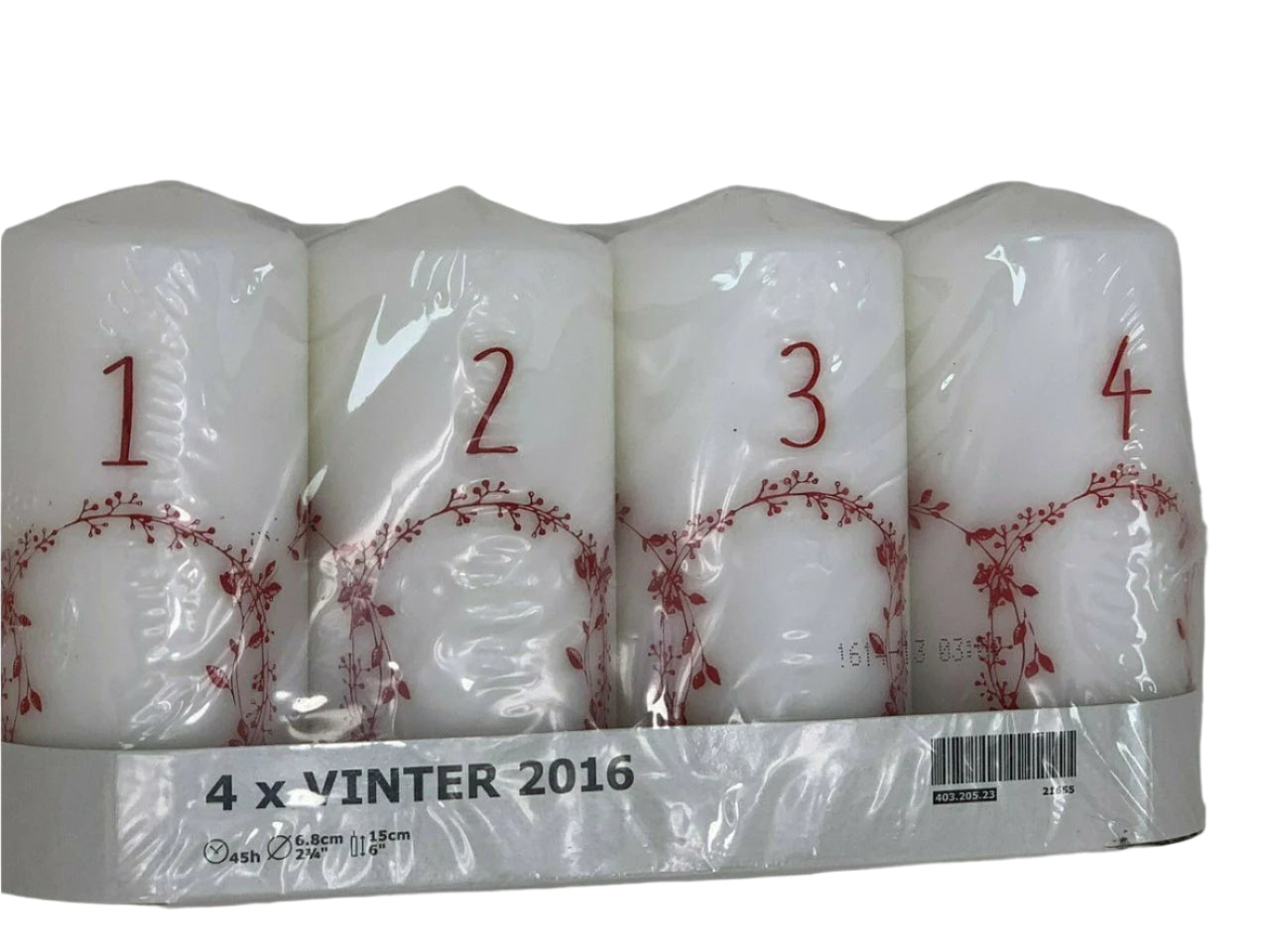 IKEA Vinter 2016 Advent candle set with 4 white unscented block candles numbered 1 to 4 in red print, new in package.
