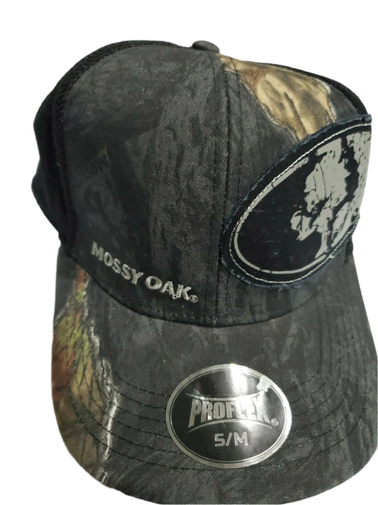 Mossy Oak men's black camo baseball cap with stretch-fit Proflex band and plastic mesh back, displayed from multiple angles.