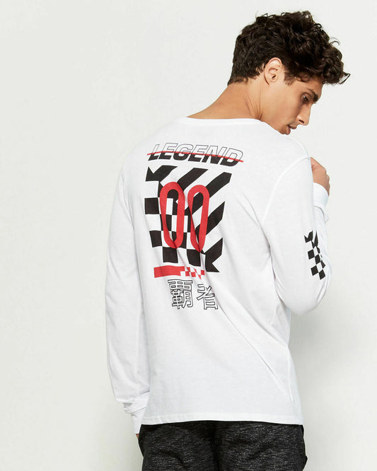 Men’s white long sleeve tee with racing graphics on front, back, and sleeves – Brooklyn Cloth, size M