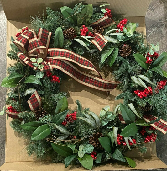 33-inch mixed floral holiday wreath with plaid ribbon and faux berries, new in box.