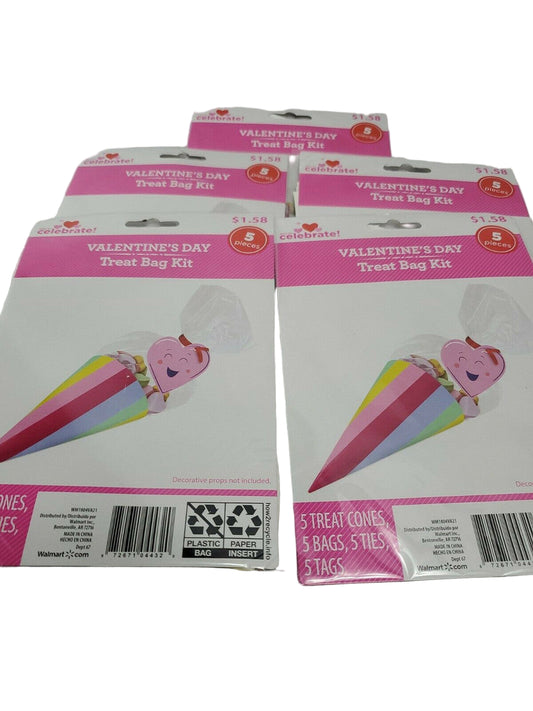 Five packages of 'WAY to Celebrate Happy Valentines Day Treat Bag (5) Kits' with visible heart shapes and pink color schemes.