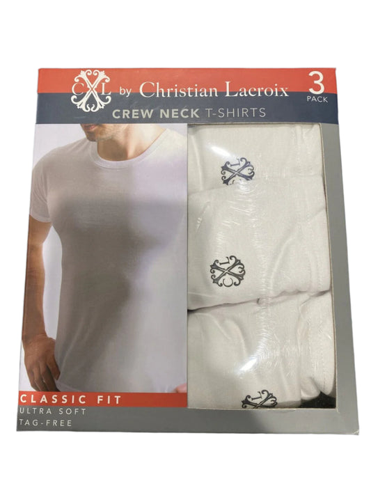 Christian Lacroix men's 3-pack white crew neck T-shirts in classic fit with packaging and product details shown.
