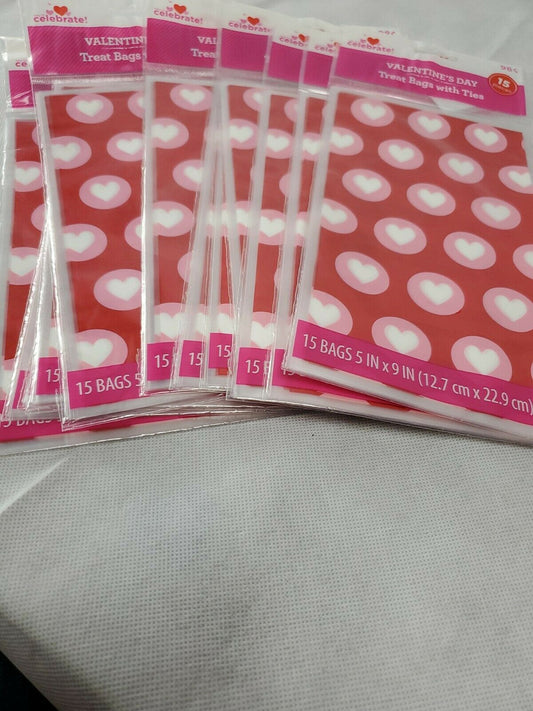 12 Valentine's Day Treat bags with Ties Red with White Colored Hearts